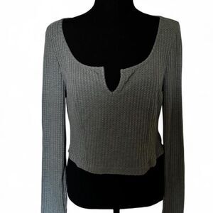 SHEIN Curve Grey/Green Waffle Knit Long Sleeve Notch Neck Top - Size 1XL